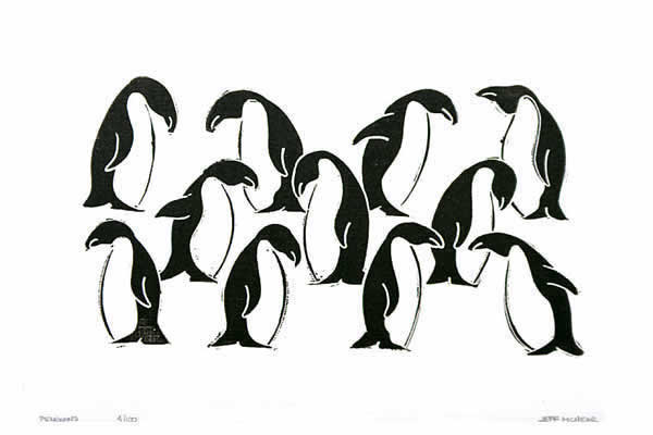 Penguins - linocut block print